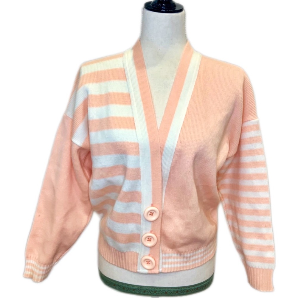 Vintage 1980s Maura pink and white cardigan with color blocking and stripes
